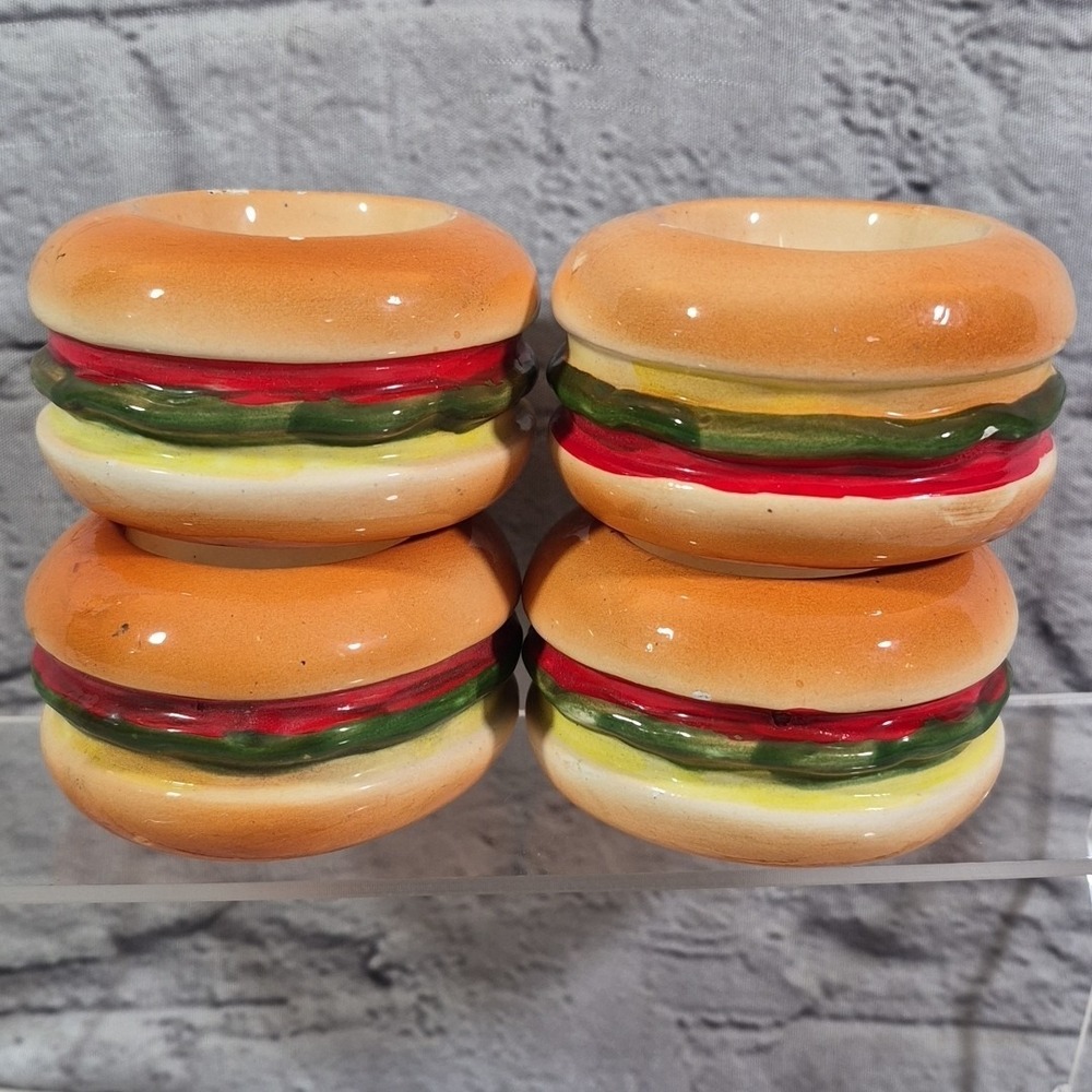 Vintage Hamburger Cheeseburger Napkin Rings Ceramic Lot Of 4 Retro Diner Kitschy